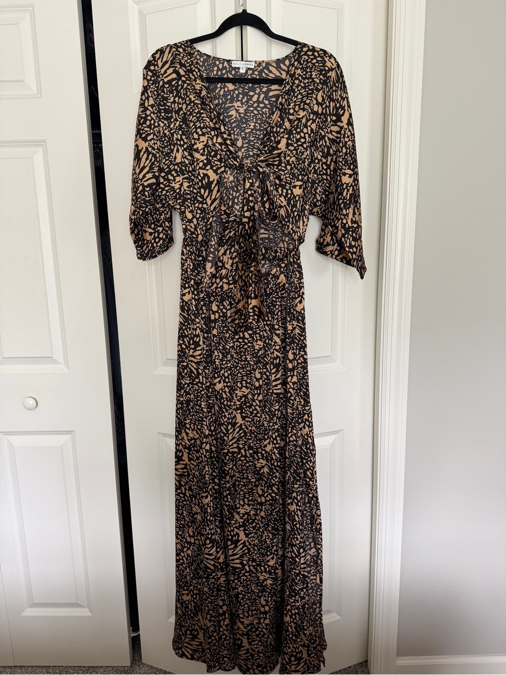 Baltic Born Black and Tan Printed Tie-Front V-Neck Maxi Dress